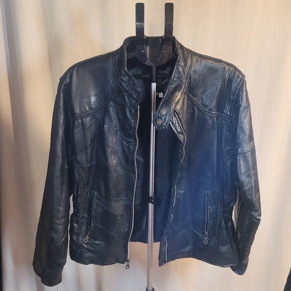Black Patchwork Leather Motorcycle Jacket - Picture 1 of 14